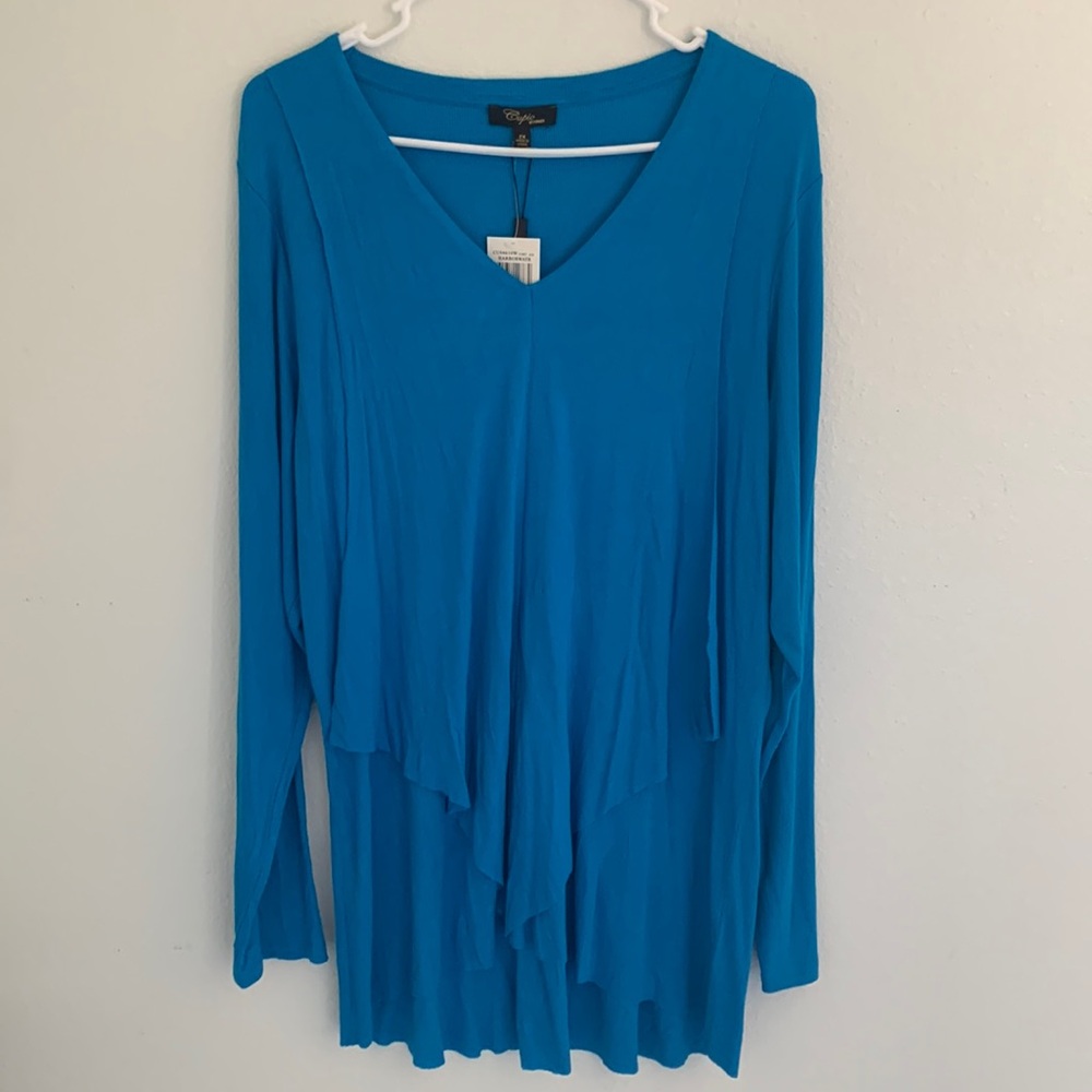 Cupio Woman Harbor Water Turquoise Blue Long Sleeve Viscose Spandex Top NWT